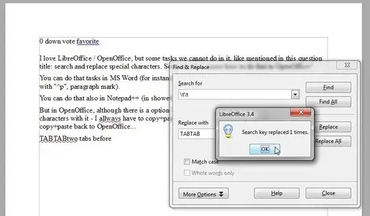 screenshot of LibreOffice Writer performing Find and Replace operation for special characters