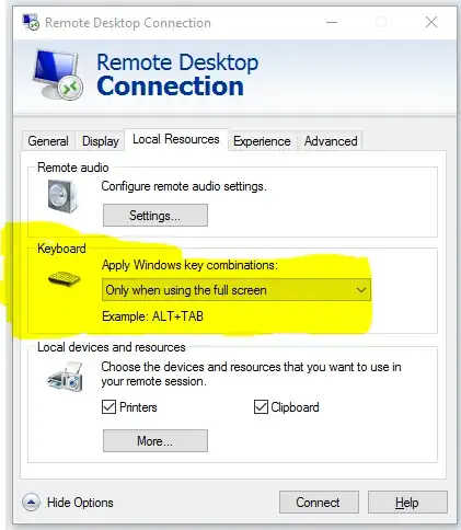 RDP Options. local resources tab