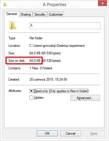 Properties of A, showing total size 64 KB