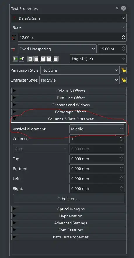 Screenshot of the Text Properties menu