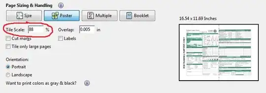 Print dialogue with modified tile scale showing A3 document printing onto 2 A4 pages
