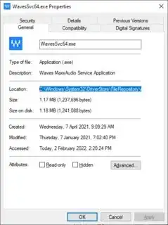 Properties for Waves MaxxAudio Service Application