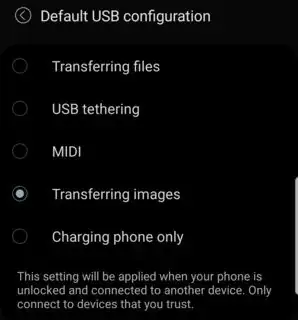 Screenshot showing the different options