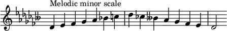 {
\override Score.TimeSignature #'stencil = ##f
\relative c' {
\accidentalStyle modern \clef treble \key des \minor \time 7/4 des4^\markup { Melodic minor scale } es fes ges aes bes c des ces! beses! aes ges fes es des2
} }