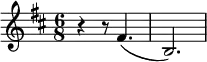\relative c' { \set Staff.midiInstrument = #"Clarinet"
\key d \major
\time 6/8
r4 r8 fis4.( | b,2.)
}