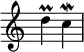 { \override Score.TimeSignature #'stencil = ##f \relative c'' { \time 2/4 d\prall c\mordent } }