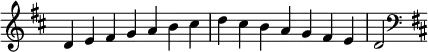 {
\override Score.TimeSignature #'stencil = ##f
\relative c' {
\clef treble \key d \major \time 7/4 d4 e fis g a b cis d cis b a g fis e d2
\clef bass \key d \major
} }