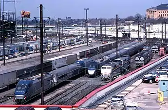 A collection of equipment outside 30th Street Station on Race Street