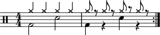 \version "2.22.0"
\header { tagline = ##f}
\score {
\drums \with {midiInstrument = "drums"}
\with { \numericTimeSignature }
{
\repeat volta 2 {
<<{cymra4 cymra cymra cymra}\\{bd2 sne2}>>
<<{cymra8 r cymra r cymra r cymra r}\\{bd4 r sne4 r}>>\break
}
}
\layout {}
}
\score {
\unfoldRepeats {
\drums \with {midiInstrument = "drums"}{
\repeat volta 2 {
<<{cymra4 cymra cymra cymra}\\{bd2 sne2}>>
<<{cymra8 r cymra r cymra r cymra r}\\{bd4 r sne4 r}>>\break
}
}
}
\midi { \tempo 4 = 100 }
}