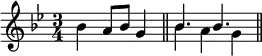 \new Staff <<
\mergeDifferentlyHeadedOn
\mergeDifferentlyDottedOn
\new voice \relative c'' {
\set Score.tempoHideNote = ##t \tempo 4 = 136
\key g \minor
\time 3/4
bes4 a8 bes g4 \bar "||"
\stemDown bes4 a g \bar "||"
}
\new voice \relative c'' {
s2.
\stemUp bes4. bes
}
>>