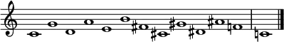 {
\override Score.TimeSignature #'stencil = ##f
\relative c' { \key c \major \set Score.tempoHideNote = ##t \tempo 1 = 60 \time 12/1
c1 g' d a' e b' fis cis gis' dis ais' f | c! \bar "|."
} }
\layout { \context {\Score \omit BarNumber} line-width = #100 }