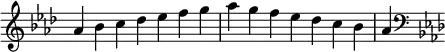 {
\override Score.TimeSignature #'stencil = ##f
\relative c'' {
\clef treble \key aes \major \time 7/4 aes4 bes c des es f g aes g f es des c bes aes
\clef bass \key aes \major
} }