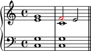 \new PianoStaff <<
\new Staff <<
\new Voice \relative c'' {
\clef treble \key c \major \time 4/4
\stemUp g1 \once \override NoteHead.color = #red f2 e
}
\new Voice \relative c' {
\stemDown e1 c
}
>>
\new Staff <<
\relative c {
\clef bass \key c \major \time 4/4
<c g'>1 <c g'> \bar "||"
}
>>
>>