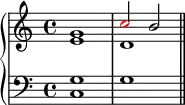 \new PianoStaff <<
\new Staff <<
\new Voice \relative c'' {
\stemUp \clef treble \key c \major \time 4/4
g1 \once \override NoteHead.color = #red c2 b
}
\new Voice \relative c' {
\stemDown
e1 d
}
>>
\new Staff <<
\new Voice \relative c' {
\clef bass \key c \major \time 4/4
\stemUp g1 s
}
\new Voice \relative c {
\clef bass \key c \major \time 4/4
\stemDown c1 g' \bar "||"
}
>>
>>