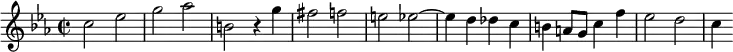 \relative c'{
\clef treble
\key c \minor
\time 2/2
\set Staff.midiInstrument = "harpsichord"
c'2 ees | % 1
g aes | % 2
b, r4 g' | % 3
fis2 f | % 4
e ees~ | % 5
ees4 d des c | % 6
b a8 g c4 f | % 7
ees2 d \bar "|" | % 8
c4
}