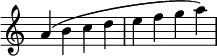 {
\override Score.TimeSignature #'stencil = ##f \relative c'' {
a4( b c d e f g a)
}
}