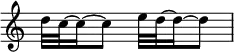 {
\override Score.TimeSignature #'stencil = ##f
\relative c'' {
\time 2/4
d32 c32~ c16~ c8 e32 d32~ d16~ d8
}
}
