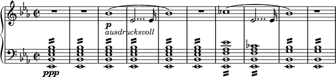 { \new PianoStaff <<
\new Staff \relative bes' { \set Staff.midiInstrument = #"piano" \key es \major \clef treble \time 2/2 \set Score.tempoHideNote = ##t \tempo 2 = 60
R1*2 | % 3
bes1 \p _\markup{ \italic{ ausdrucksvoll} } ( | % 4
es,2... es16 | % 5
bes'1 ) | % 6
R1 | % 7
ces1 ( | % 8
es,2... es16 | % 9
bes'1 )
r1
}
\new Staff \relative es, { \set Staff.midiInstrument = #"piano" \key es \major \clef bass \time 2/2
<es bes' es g bes>1 \ppp :16 | % 2
<es bes' es g bes>1 :16 | % 3
<es bes' es g bes>1 :16 | % 4
<es bes' es g bes>1 :16 | % 5
<es bes' es g bes>1 :16 | % 6
<es bes' es g bes>1 :16 | % 7
<es bes' f' as es'>1 :16 | % 8
<es bes' f' as ces>1 :16 | % 9
<es bes' g' bes>1 :16 |
<es bes' g' bes>1 :16 }
>> }