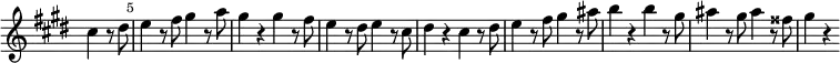\relative c'' \new Staff \with { \remove "Time_signature_engraver" } {
\key cis \minor \time 2/2
\set Score.tempoHideNote = ##t \tempo 2 = 132
\set Staff.midiInstrument = "violin"
\partial 2 cis4 r8 dis |
\once \override Score.BarNumber #'break-visibility = ##(#f #t #t) \set Score.currentBarNumber = #5 \bar "|"
e4 r8 fis gis4 r8 a |
gis4 r gis r8 fis |
e4 r8 dis e4 r8 cis |
dis4 r cis r8 dis |
e4 r8 fis gis4 r8 ais |
b4 r b r8 gis |
ais4 r8 gis ais4 r8 fisis |
gis4 r
}