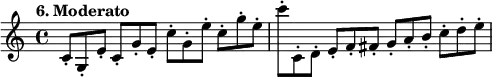 %etude6
\relative c'
{
\set Staff.midiInstrument = #"violin"
\time 4/4
\tempo "6. Moderato"
\key c \major
c8*2/3-. g-. e'-. c-. g'-. e-. c'-. g-. e'-. c-. g'-. e-. | c'-. c,,-. d-. e-. f-. fis-. g-. a -. b-. c -. d-. e-.
}