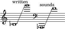 {
\new Staff \with { \remove "Time_signature_engraver" }
\clef treble \key c \major ^ \markup "written" \cadenzaOn
bes1 \glissando g'''1
\clef bass aes,,1 ^ \markup "sounds" \glissando f'1
}