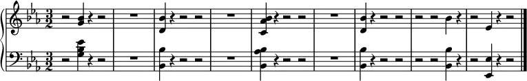 { \new PianoStaff << \new Staff \relative c'' { \clef treble \key ees \major \time 3/2 r2 <bes g>4 r r2 | R1. | <bes d,>4 r r2 r | R1. | <bes aes c,>4 r r2 r | R1. | <bes d,>4 r r2 r | r r bes4 r | r2 ees,4 r r2 \bar "|." } \new Staff \relative c' { \clef bass \key ees \major \time 3/2 r2 <ees bes g>4 r r2 | R1. | <bes bes,>4 r r2 r | R1. | <bes aes bes,>4 r r2 r | R1. | <bes bes,>4 r r2 r | r r <bes bes,>4 r | r2 <ees, ees,>4 r r2 \bar "|." } >> }