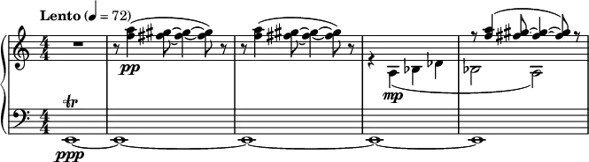 { \new PianoStaff << \new Staff \relative c''' { \clef treble \numericTimeSignature \time 4/4 \tempo "Lento" 4 = 72 R1 | r8 <a f>4(\pp <gis fis>8~ <gis fis>4~ <gis fis>8) r | r8 <a f>4( <gis fis>8~ <gis fis>4~ <gis fis>8) r | << { s1 | r8 <a f>4( <gis fis>8~ <gis fis>4~ <gis fis>8) r } \\ { r4 a,,(\mp bes des | bes2 a) } >> } \new Staff \relative c { \clef bass \numericTimeSignature \time 4/4 e,1\trill\ppp~ | e1~ | e1~ | e1~ | e1~ } >> }