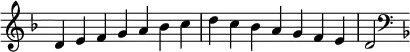 {
\override Score.TimeSignature #'stencil = ##f
\relative c' {
\clef treble \key d \minor \time 7/4
d4 e f g a bes c d c bes a g f e d2
\clef bass \key d \minor
} }