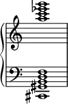 { \new PianoStaff << \new Staff \with { \remove "Time_signature_engraver" } \relative c''' { \clef treble <g' ees c a>1 } \new Staff \with { \remove "Time_signature_engraver" } \relative c { \clef bass <f d b gis cis,> } >> }