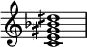 
{
\override Score.TimeSignature #'stencil = ##f
\relative c' {
   \clef treble
   \time 4/4
   \key c \major
   <c e gis bes dis>1
} }
