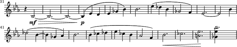 \relative c' \new Staff \with { \remove "Time_signature_engraver" } {
\key es \major \clef "treble"
\set Staff.midiInstrument = "violin"
\set Score.tempoHideNote = ##t \tempo 4 = 76
\set Score.currentBarNumber = #31 \bar ""
\time 3/4
r4 bes2\mf\> ~ | bes2. ~ | bes ~ | bes4\p( es d | es ges bes) | bes2. |
es4( des bes | ges2 f4) | es2. ~ | es2 bes'4 |
des2( bes4 ~ | bes ges as) | bes2. |
\override Hairpin #'to-barline = ##f
bes4( ces des | es ces bes | as2 f4) | bes2.\< | ces | <a es'>\! | << \stemDown <ges es'>4 \\ bes'2. >> |
}