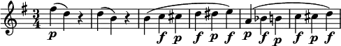 \relative c'{
\key g \major
\time 3/4
\set Staff.midiInstrument = #"violin"
\p fis'( d) r d( b) r b( c \f cis \p d \f dis \p e) \f a,( \p bes \f b \p c \f cis \p d \f)
}