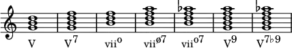 {
#(set-global-staff-size 16)
\override Score.TimeSignature #'stencil = ##f
\relative c'' {
\clef treble
\time 4/4
<g b d>1_\markup{ \concat{ "V" \hspace #6 "V" \raise #1 "7" \hspace #5.5 "vii" \raise #1 "o" \hspace #4.5 "vii" \raise #1 "ø7" \hspace #3 "vii" \raise #1 "o7" \hspace #4 "V" \raise #1 "9" \hspace #4 "V" \raise #1 "7♭9" } }
<g b d f>
<b d f>
<b d f a>
<b d f aes>
<g b d f a>
<g b d f aes>
} }