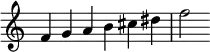 {
\override Score.TimeSignature #'stencil = ##f
\relative c' {
\clef treble \time 6/4
f4 g a b cis dis f2
} }
