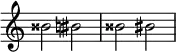 {
\override Score.TimeSignature #'stencil = ##f
\relative c'' {
\clef treble \time 4/4 bisis2 bis \accidentalStyle modern bisis2 bis
} }