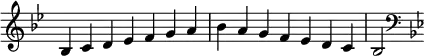 {
\override Score.TimeSignature #'stencil = ##f
\relative c' {
\clef treble \key bes \major \time 7/4 bes4 c d es f g a bes a g f es d c bes2
\clef bass \key bes \major
} }