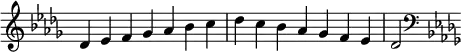 {
\override Score.TimeSignature #'stencil = ##f
\relative c' {
\clef treble \key des \major \time 7/4 des4 es f ges aes bes c des c bes aes ges f es des2
\clef bass \key des \major
} }