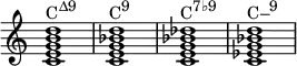 {
\override Score.TimeSignature #'stencil = ##f
\relative c' {
\clef treble
\time 4/4
\key c \major
<c e g b d>1^\markup { \concat { "C" \raise #1 \small "Δ9" } }
<c e g bes d>^\markup { \concat { "C" \raise #1 \small "9" } }
<c e g bes des>^\markup { \concat { "C" \raise #1 \small "7♭9" } }
<c es g bes d>^\markup { \concat { "C–" \raise #1 \small "9" } }
} }