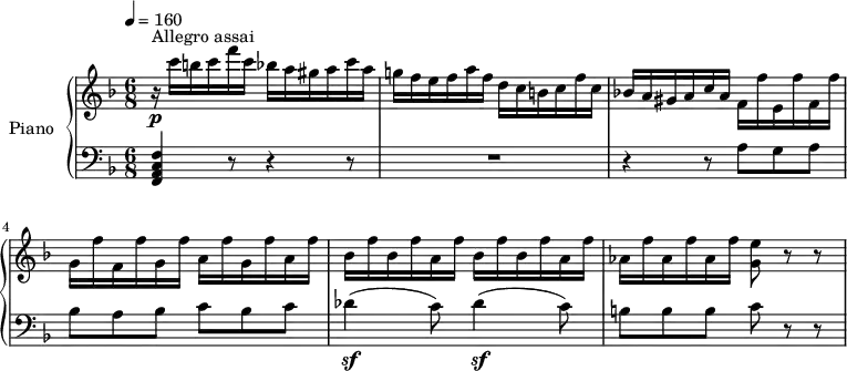 \header {
tagline = ##f
}
upper= \relative c' {
\clef treble
\key f \major
\time 6/8
\tempo 4 = 160
\set Staff.midiInstrument = #"piano"
r16\p^\markup { Allegro assai} c''16 b c f c bes a gis a c a
g! f e f a f d c b c f c
bes! a gis a c a f f' e, f' f, f'
g, f' f, f' g, f' a, f' g, f' a, f'
bes, f' bes, f' a, f' bes, f' bes, f' a, f'
aes, f' aes, f' aes, f' <g, e'>8 r8 r8
}
lower=\relative c { \set Staff.midiMaximumVolume = #0.7
\clef bass
\key f \major
\numericTimeSignature
\time 6/8
<f, a c f>4 r8 r4 r8
R2.
r4 r8 a'8 g a
bes a bes c bes c
des4\sf (c8) des4\sf (c8)
b8 b b c r8 r8
}
\score {
\new PianoStaff \with { instrumentName = #"Piano" }
<<
\new Staff = "upper" \upper
\new Staff = "lower" \lower
>>
\layout { }
\midi { } }