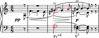 {
\new PianoStaff <<
\new Staff <<
\new Voice \relative c'' {
\clef treble \key a \minor \time 6/8
\voiceOne \partial8 r8 R2. gis4.->(~ gis4 \once \override NoteHead.color = #red a8 ais8-> b4~ b8) r r
}
\new Voice \relative c' {
\override DynamicLineSpanner.staff-padding = #4.5
\once \override DynamicText.X-offset = #-5
\voiceTwo \partial8 a\pp( f'4.~\< f4 e8 \once \override NoteHead.color = #red dis2.)(\> d!4.)~\p d8 r r
}
>>
\new Staff <<
\relative c {
\clef bass \key a \minor \time 6/8
\partial8 r8 R2. \once \override NoteHead.color = #red <f b>2.(_\markup { \concat { "Fr" \raise #1 \small "+6" \hspace #8 "V" \raise #1 \small "7" } } <e gis>4.)~ <e gis>8 r r
}
>>
>> }