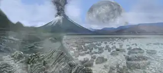 Image 42Artist's impression of the Archean, the eon after Earth's formation, featuring round stromatolites, which are early oxygen-producing forms of life from billions of years ago. After the Late Heavy Bombardment, Earth's crust had cooled, its water-rich barren surface is marked by continents and volcanoes, with the Moon still orbiting Earth half as close than today, appearing 2.8 times larger and producing strong tides. (from Earth)