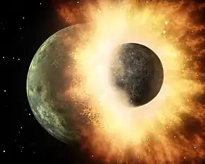 Image 67Artist's impression of the enormous collision that probably formed the Moon (from History of Earth)