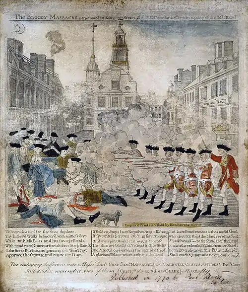 Image 2Boston MassacreEngraving: Paul RevereA depiction of the Boston Massacre, an incident on March 5, 1770, in which British Army soldiers killed five male civilians and injured six others in Boston, Massachusetts. Eight soldiers, one officer, and four civilians were arrested and charged with murder, though all but two were acquitted; two soldiers were convicted of manslaughter and sentenced to branding. During the era of discontent that led to the American Revolution, this event was used for anti-British propaganda.More selected pictures