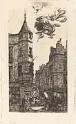 Tourelle, Rue de l'École de Médecine, 22, Paris (House with a Turret, No. 22, Street of the School of Medecine, Paris), 1861.  The figures in the sky were added in later states.