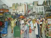 A scene of city life, including a robbery on the bottom right, and a car accident in the center.(Victor Arnautoff, City Life &nbsp;9&nbsp;)