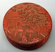 Covered box with pavilion and figures; 1300s (the Yuan dynasty); carved lacquer; Tokyo National Museum (Tokyo)