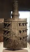 Bell (lai zhong); 800–700 BC (Western Zhou dynasty); 70.3 × 37 × 26.6&nbsp;cm (275⁄8 × 149⁄16 × 107⁄16 in.); from Meixian (Shaanxi); Cleveland Museum of Art (Ohio, U.S.). In ancient China music and ritual had political significance and were linked inseparably to the power of states