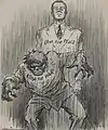 Ink drawing of two men, one stands stoically behind in a light suit that says "atom for peace" while the other lunges forward with grotesque hands and face with a shirt that says "atom for war."