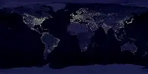 Image 50A composite image of artificial light emissions at night on a map of Earth (from Earth)