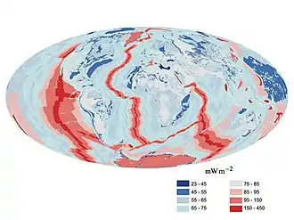 Image 3Global map of heat flow from Earth's interior to the surface of Earth's crust, mostly along the oceanic ridges (from Earth)